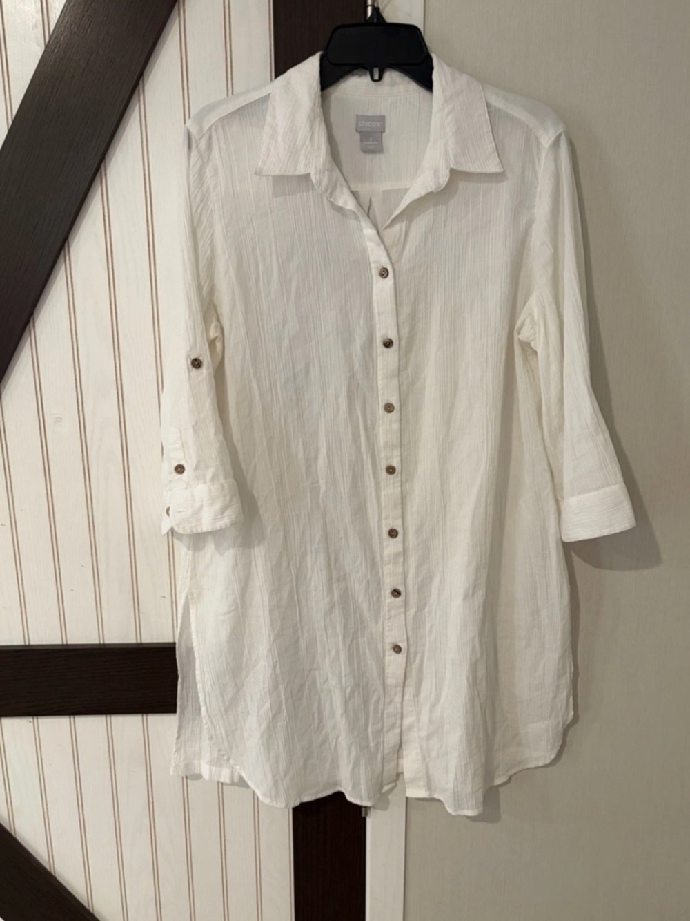 Chicos Womens Button Up Tunic Sz Large Solid White 3/4 Sleeve Cotton